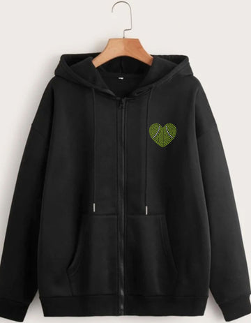 Tennis Zip Up Sweatshirt – Rhinestone Heart Shape Tennis Hoodie for Stylish Fans