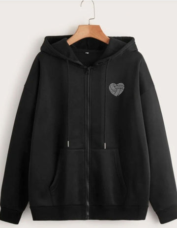 Volleyball Zip Up Sweatshirt – Rhinestone Heart Volleyball Hoodie for Cold Gyms